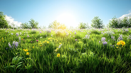 Sunlit Wildflower Meadow Landscape, Summer Bloom, Nature Background, Idyllic Scene, Wallpaper.