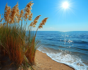 Sunny beach landscape, golden grasses, ocean waves, bright sky, travel poster.