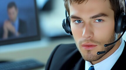 A male professional customer service representative wearing a sleek electronic headset in a modern...