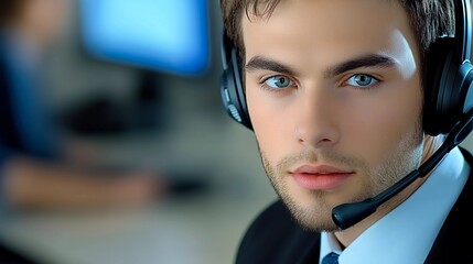 A male professional customer service representative wearing a sleek electronic headset in a modern...