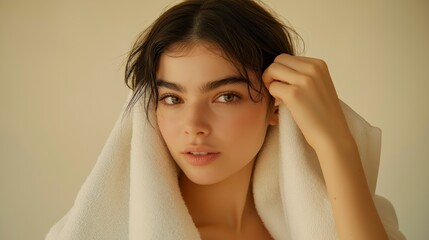 A serene image of a dark-haired woman adjusting her towel-wrapped hair