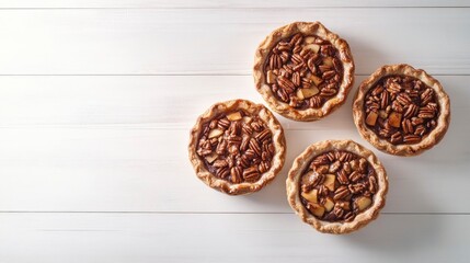 Obraz premium Assorted homemade fall pies. Pumpkin, apple and pecan. Above view double border on a white wood background with copy space. 
