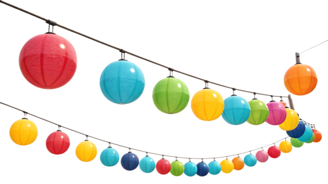  brightly colored balls along power lines isolated on  white background PNG.AI GENERATED