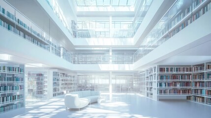 Obraz premium Bright, modern library interior with bookshelves, sunlight streaming through glass ceiling, and white seating area.