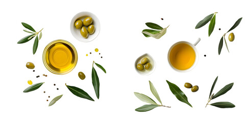 Jug with olive oil, olives and leaves top view. Generative AI.