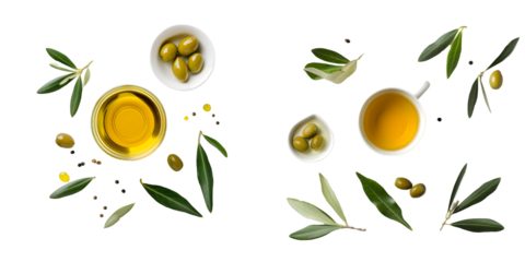 Jug with olive oil, olives and leaves top view. Generative AI.