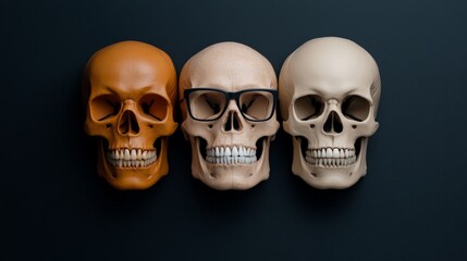 Obraz premium Three Skulls, One with Glasses: Three realistic human skulls arranged in a row against a dark background; the middle skull uniquely wears glasses, creating a surreal and thought-provoking image. 