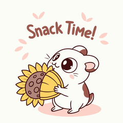 Cute Hamster Holding Sunflower with Snack Time Text in Playful Illustration Style