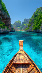 Tropical Lagoon Boat Trip Navigating Maya Bay's turquoise waters, limestone cliffs backdrop, travel brochure use.