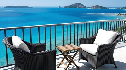 Fototapeta premium A balcony with two wicker chairs and a small wooden table overlooking a stunning turquoise sea and distant islands
