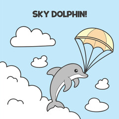 Playful Dolphin Soaring Through Clouds with a Colorful Parachute in a Dreamy Sky