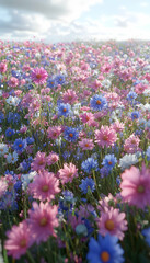 Vibrant Cosmos Flower Field, Sunny Sky, Peaceful Landscape, Spring Bloom, Nature Wallpaper.