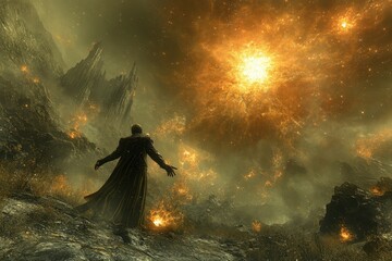 A lone figure stands against a fiery cosmic explosion, enveloped in a dramatic, otherworldly landscape of swirling orange and yellow hues.