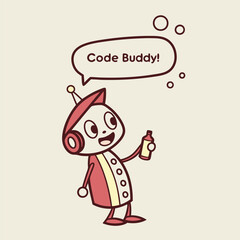 Cute Cartoon Robot Character with Speech Bubble Saying Code Buddy in Warm Colors and Simple Design