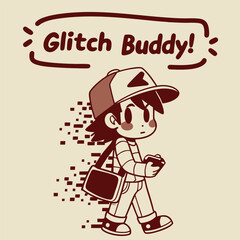 Playful Retro Character with Glitch Effects and Casual Outfit in Vintage Style Illustration