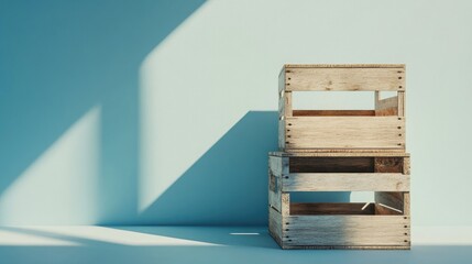 Minimalist display of wooden crates stacked against a smooth blue backdrop, casting gentle shadows.