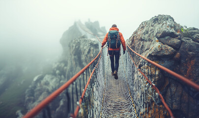 Adventurer crosses a suspension bridge over rugged terrain in foggy conditions at a remote location
