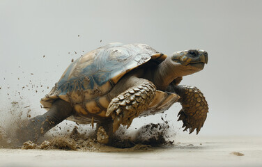 Fast tortoise racing across a sandy surface with motion captured in a dynamic moment