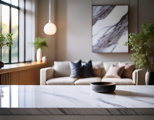 The natural veining of the marble countertop complements the minimalist design of the living room, creating a sophisticated and stylish backdrop