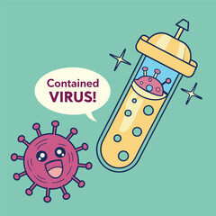 Cute Cartoon Style of Virus with Test Tube Containing Virus on Green Background