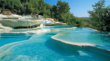 Fototapeta premium Stunning terraces with turquoise pools formed from mineral-rich waters in Pamukkale, Turkey.
