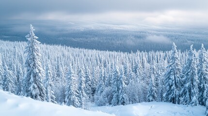 Stunning winter forest scene from above. Snow-covered pine and spruce trees create a vast white blanket. The moody blue tones evoke a sense of tranquility and isolation.