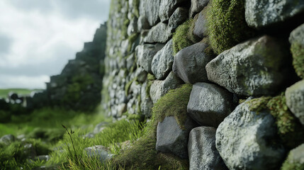 Stone wall of an ancient Irish castle in close-up, detailed textures of weathered stone and moss