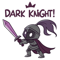 Cute Cartoon Dark Knight Character with Purple Sword and Caped Outfit in Playful Style