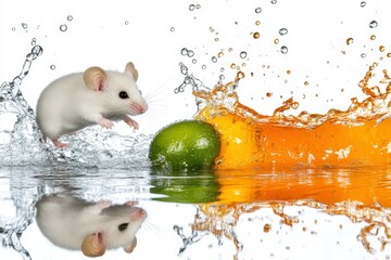 A White Mouse Jumping Over Fruits Surrounded by Splashes of Water Creating a Dynamic and Playful Scene in a Studio Environment