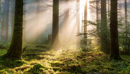 Obraz premium Sunlight filters through fog in a tranquil forest, casting glowing light on moss covered trees. The delicate beams create an ethereal atmosphere, perfect for nature and wellness themes. Generative ai