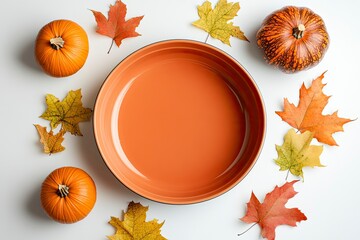 Autumn pumpkins, fall leaves, empty baking dish. Concept cook Pumpkin pie on white background. Top view. Copy space. Thanksgiving Day. 