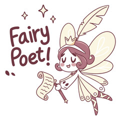 Whimsical Fairy Poet with Quill and Scroll in Dreamy Pastel Color Palette and Playful Design