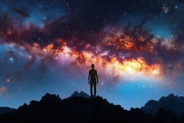 Fototapeta premium A silhouetted figure stands atop a rocky outcrop, gazing at a breathtaking cosmic landscape filled with stars and vibrant colors.