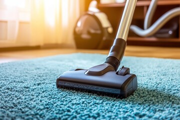 Close-Up of Vacuum Cleaner Head on Soft Carpet in Bright Room Illuminated by Natural Light Through Window, Showcasing Domestic Cleaning Process and Comfort