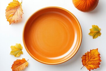 Autumn pumpkins, fall leaves, empty baking dish. Concept cook Pumpkin pie on white background. Top view. Copy space. Thanksgiving Day. 