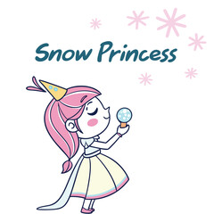 Cute Cartoon Snow Princess with Pink Hair and Magic Snowball in a Whimsical Style