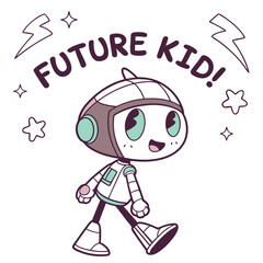 Cartoon Character in Spacesuit with Happy Expression Walking in a Futuristic Style