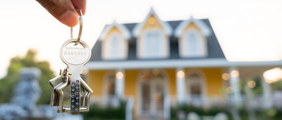 lease, rental and selling home. Real estate agent hold key for new house or real estate. rent...