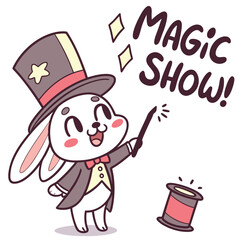 Cute Cartoon Rabbit Performing a Magic Show with Wand and Hat in Cheerful Illustration Style