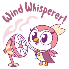 Adorable Cartoon Owl with Fan and Wind Whisperer Text in Soft Pastel Colors