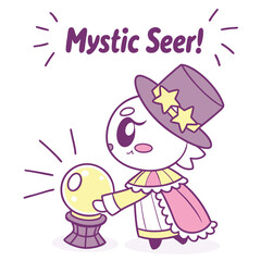Cute Cartoon Mystic Seer Character with Crystal Ball and Magical Stars in Purple Theme
