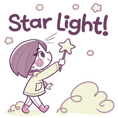 Cheerful Child with Magic Wand and Stars in Playful Doodle Style