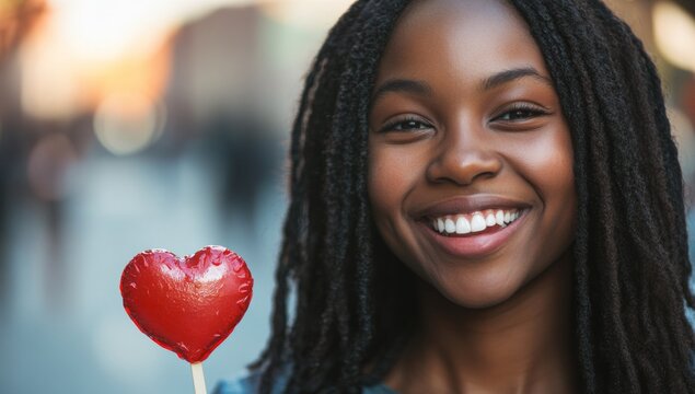 portrait of happy black young woman holding red heart-shaped lollipop, Valentine's Day concept