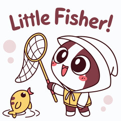 Cute Cartoon Character Excited to Catch a Fish with a Net in a Fun and Playful Scene