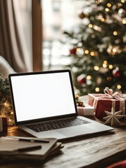 Laptop computer with white blank empty mock up screen on Merry Christmas table with presents gifts, decorated Xmas tree in Santa house background. Ecommerce website online shopping delivery, banner