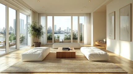 Fototapeta premium Minimalist apartment, city view, tranquil seating area.