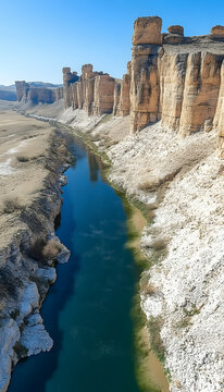 Chuli Canyon River, Pakistan Arid landscape, sandstone cliffs, turquoise water, travel photography.
