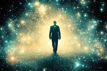 Fototapeta premium A silhouette of a man in a suit walking towards a vibrant cosmic scene filled with stars and glowing nebulae.