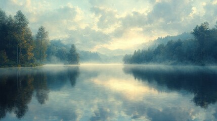 Fototapeta premium Serene lake reflecting misty forest, calm sky.