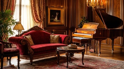 Fototapeta premium Luxurious antique living room with red velvet sofa, grand piano, and ornate details.